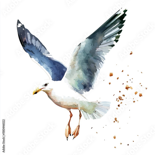 A watercolor clipart of a seagull catching crumbs, isolated on a white background. Seagull vector.
