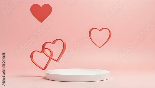 Valentine's day background featuring red hearts floating above white podium