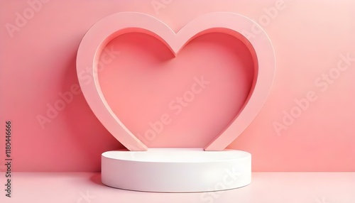 White podium with pink heart shape on pink background for valentine's day showing love and romance