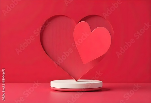 Red hearts floating over round podium for valentine's day
