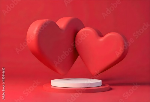 Two red hearts floating above white podium on valentine's day
