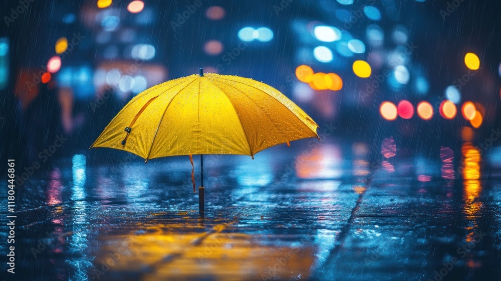 Yellow umbrella floating above a rainy cityscape at night, reflections of neon lights on wet pavement, atmospheric and moody vibe Yellow umbrella floating above a rainy cityscape at night, reflections of neon lights on wet pavement, atmospheric and moody vibe