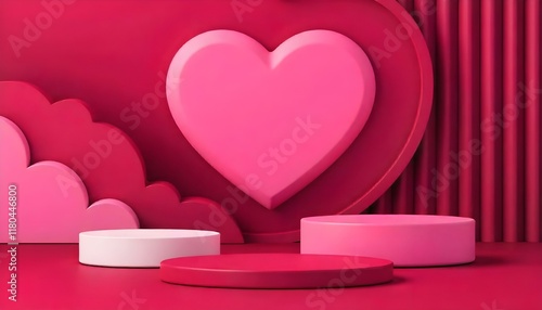Pink heart-shaped background displaying three round podiums for valentine's day products