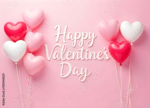 Heart shaped balloons floating on valentine's day with pink background