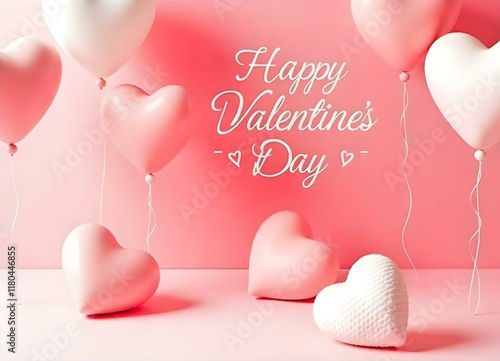 Happy valentine's day greeting card with heart shaped balloons floating on pink background