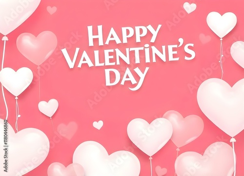 Happy valentine's day greeting card with heart shaped balloons floating on pink background