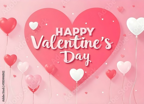 Heart-shaped balloons floating with happy valentine's day text over pink background