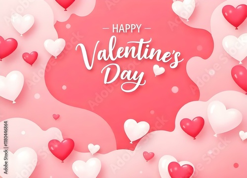 Happy valentine's day greeting card with heart shaped balloons floating on pink background