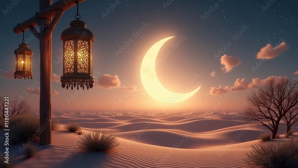 Fototapeta premium Desert Landscape with Lanterns and Crescent Moon at Sunset