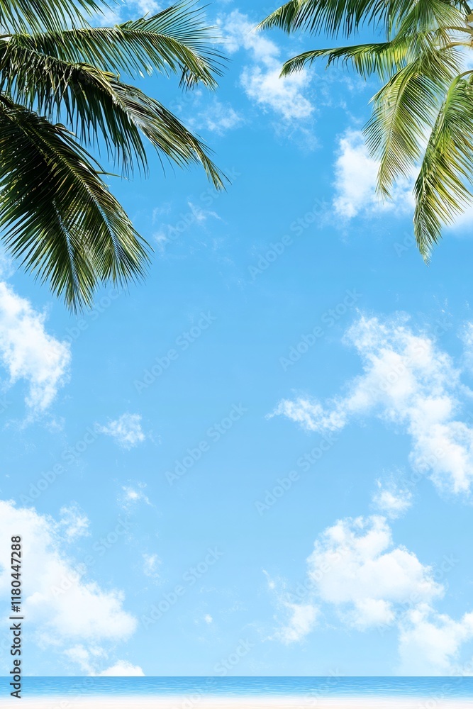 A serene beach scene with palm trees and a clear blue sky. A serene beach scene with palm trees and a clear blue sky.