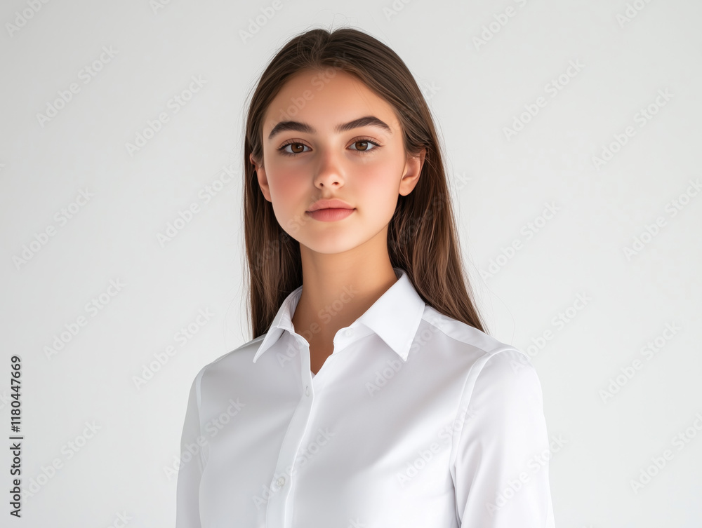 Stylish Teenage Girl in Smart Casual Office Attire Poses Confidently Against a White Background, Merging Youthful Energy with a Professional Look Stylish Teenage Girl in Smart Casual Office Attire Poses Confidently Against a White Background, Merging Youthful Energy with a Professional Look