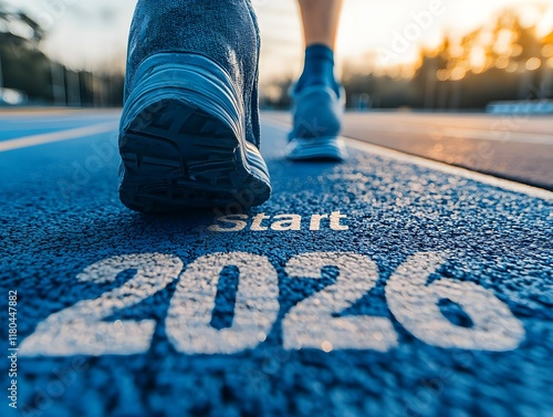 A close-up of a runner’s foot in motion on a road marked with 2026 as the sun sets in the background