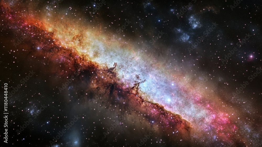 A vibrant nebula displays cosmic colors and stellar dust A vibrant nebula displays cosmic colors and stellar dust