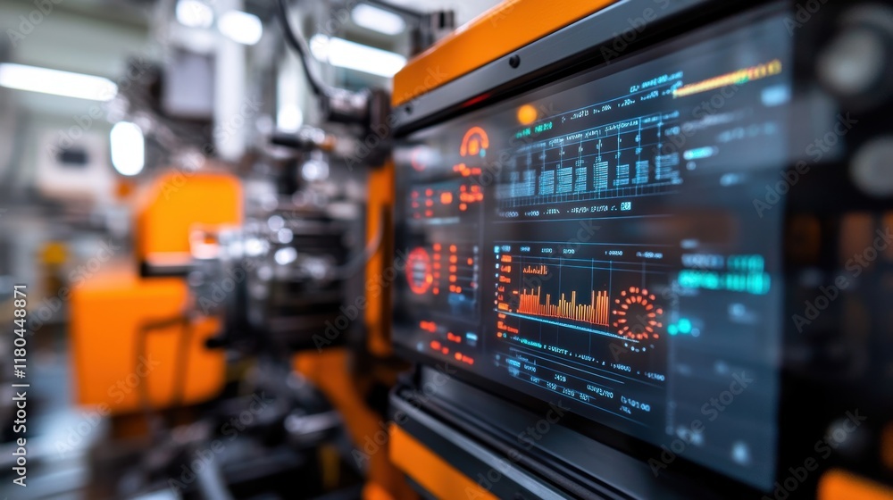 Industrial machinery with a digital display showing real time performance data, graphs, and key metrics, enhancing efficiency and automation in a modern factory setting Industrial machinery with a digital display showing real time performance data, graphs, and key metrics, enhancing efficiency and automation in a modern factory setting