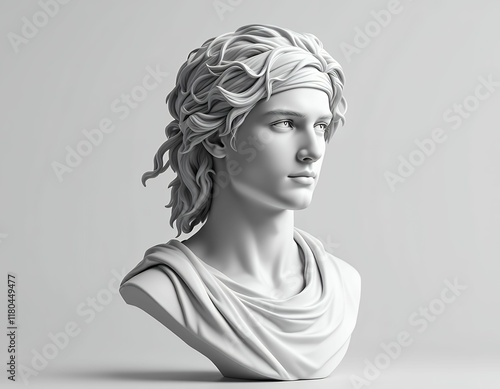 Serene Youth Bust: Classical Sculpting in Monochromatic Elegance photo