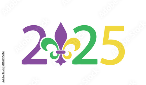 Mardi Gras 2025 numbers with fleur de lis symbol, vector illustration