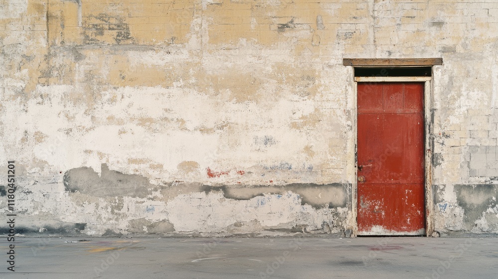 Naklejka premium A weathered, red door stands out against a textured, worn yellow wall, evoking a sense of mystery and stories untold.