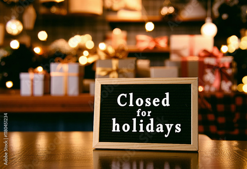 Closed for holidays sign board on a wooden table with festive decor in background perfect for busine photo