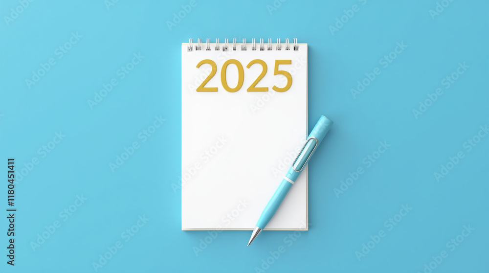 Blank Notebook with a Golden 2025 Number, Blue Pen on Top. Flat Lay Composition Against a Blue Background. New Year Goals Blank Notebook with a Golden 2025 Number, Blue Pen on Top. Flat Lay Composition Against a Blue Background. New Year Goals