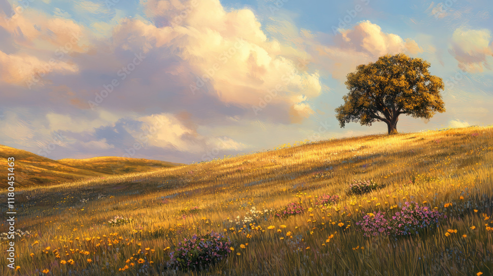 Obraz premium A golden wheat field transitioning to spring, scattered yellow wildflowers blending with fresh green grass, rows of wheat stretching toward a golden-pink sunset