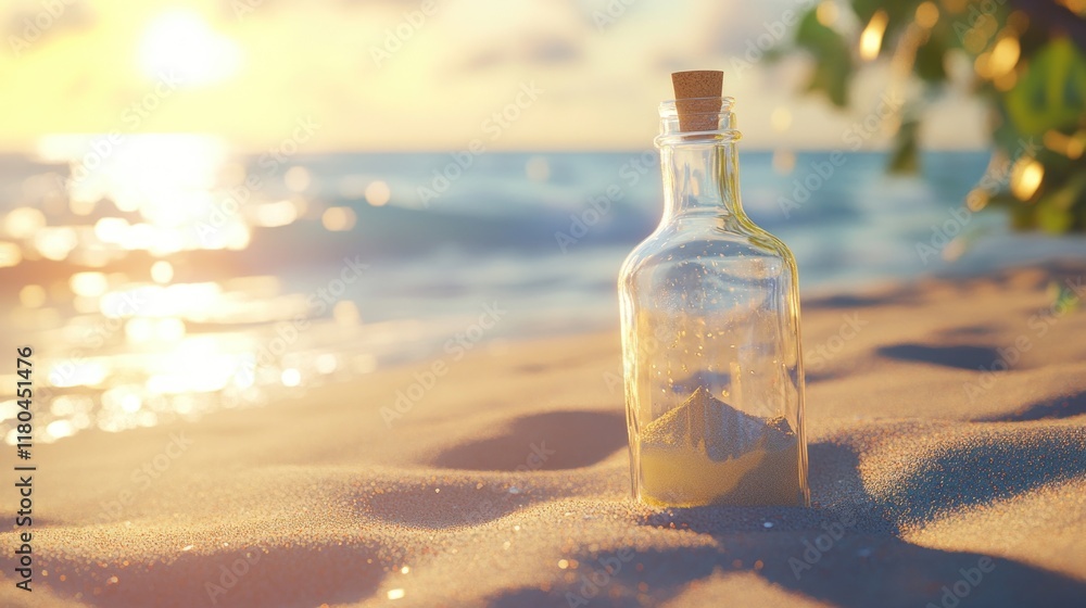 Obraz premium Message in a bottle on a sunny beach at sunset.