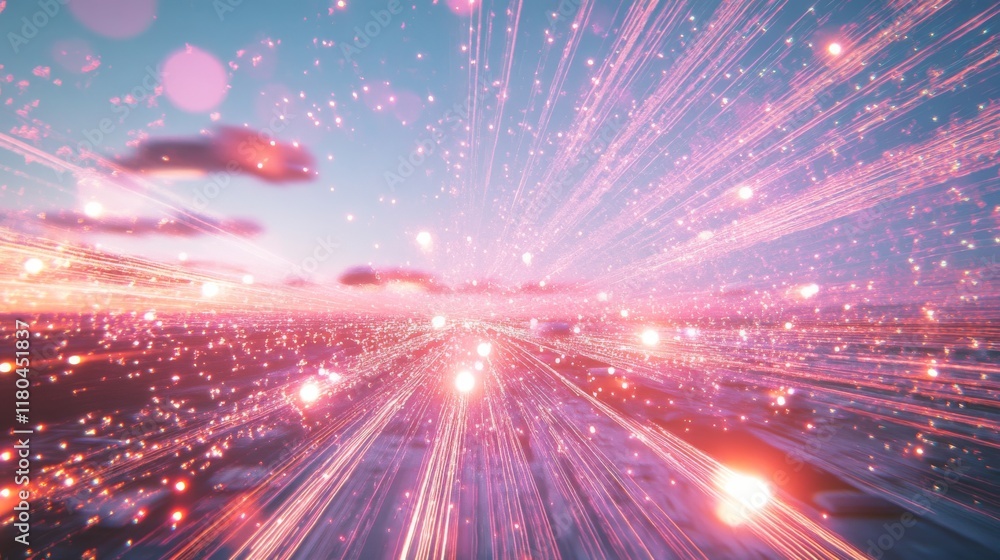 Obraz premium Radiant streaks of light burst across a pastel-hued sky, creating a mesmerizing scene of movement and energy against a serene backdrop.