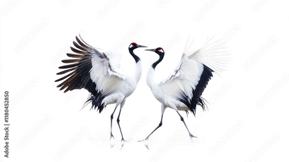 Two red-crowned cranes performing a mating dance against a white background. Two red-crowned cranes performing a mating dance against a white background.