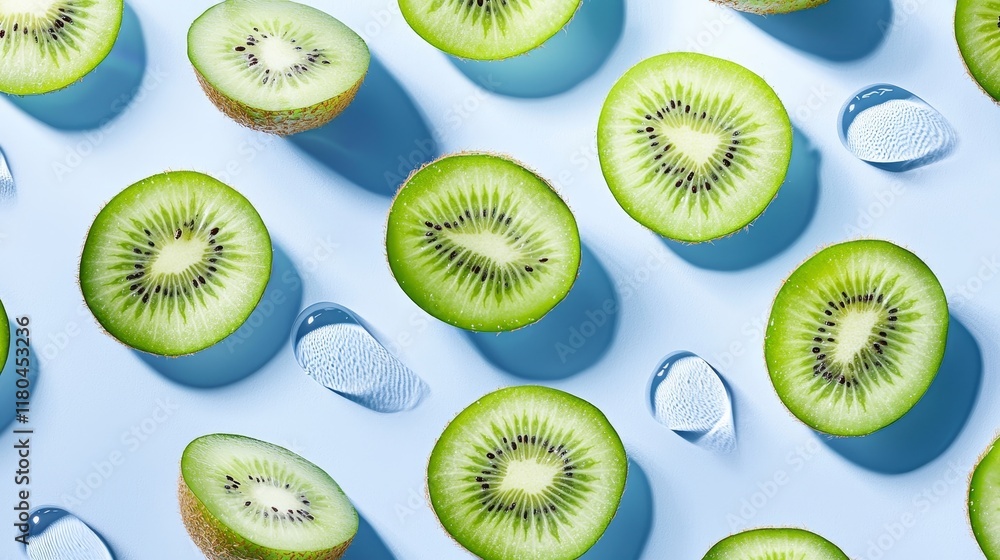 Fototapeta premium Minimalist vector pattern of sliced kiwi fruits with artistic shadows, creating a modern and clean aesthetic, perfect for wallpapers or textiles