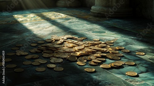 Scattered Coins on a Marble Table with Ambient Light