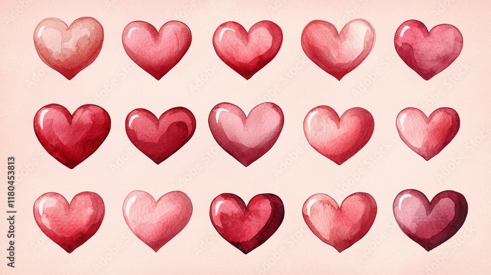 Hand-drawn red hearts in a watercolor style, layered on a soft peach gradient background, evoking artistic romance and warmth