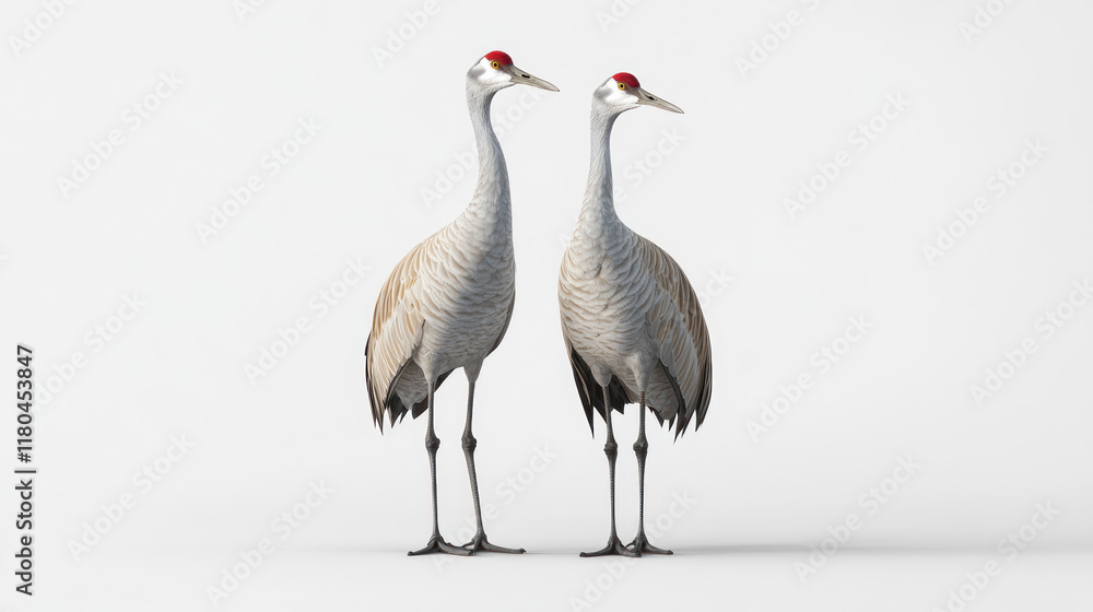 Fototapeta premium Two sandhill cranes standing facing each other on a white background.