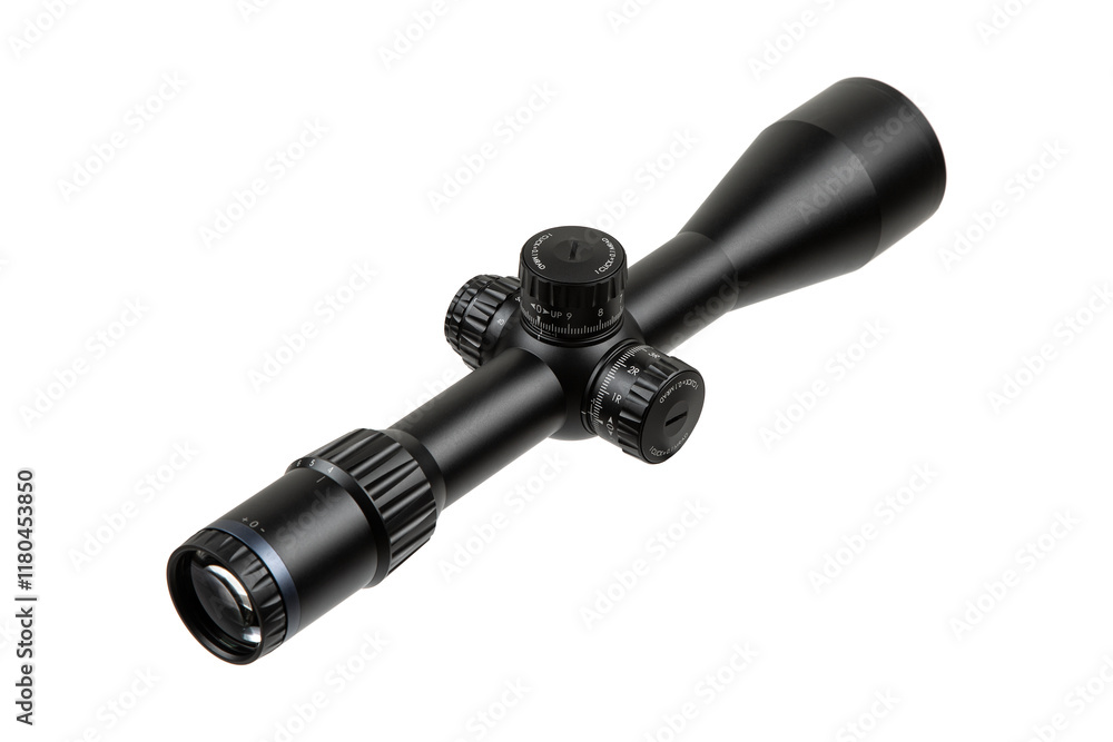 A high-quality black rifle scope with multiple adjustment knobs, precision optics, and a sleek design A high-quality black rifle scope with multiple adjustment knobs, precision optics, and a sleek design