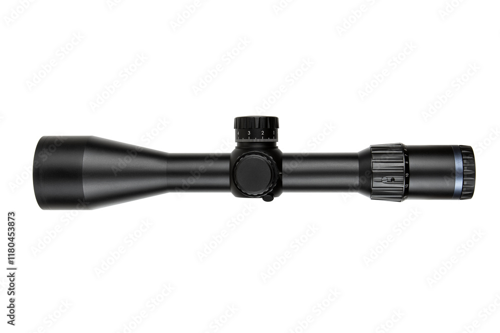 A high-quality black rifle scope with multiple adjustment knobs, precision optics, and a sleek design A high-quality black rifle scope with multiple adjustment knobs, precision optics, and a sleek design