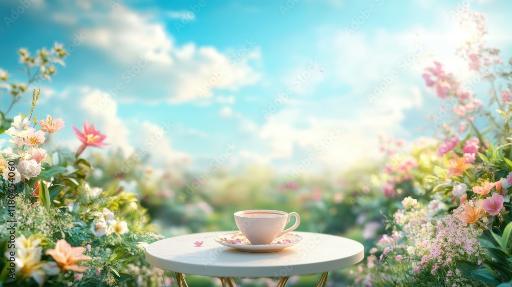 A lone teacup on a small round table with bright blue skies and a lush garden in the background. A lone teacup on a small round table with bright blue skies and a lush garden in the background.