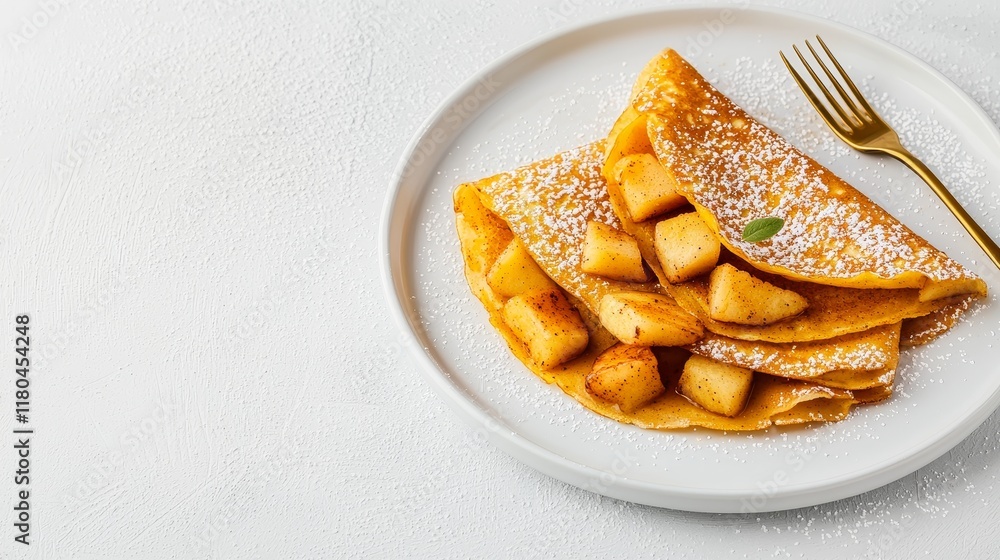 Minimalist presentation of pumpkin crepes with caramelized cinnamon apples, a single fork placed beside, shot in soft natural light, neutral tones Minimalist presentation of pumpkin crepes with caramelized cinnamon apples, a single fork placed beside, shot in soft natural light, neutral tones