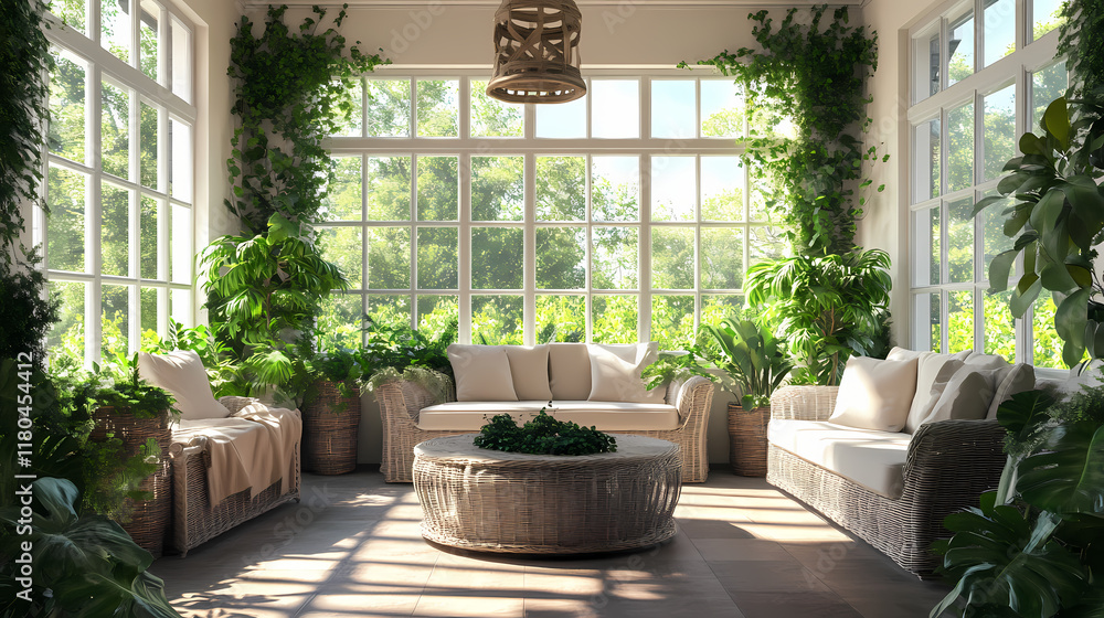 Bright and airy sunroom with comfortable seating and lush greenery. Solarchime. Illustration Bright and airy sunroom with comfortable seating and lush greenery. Solarchime. Illustration