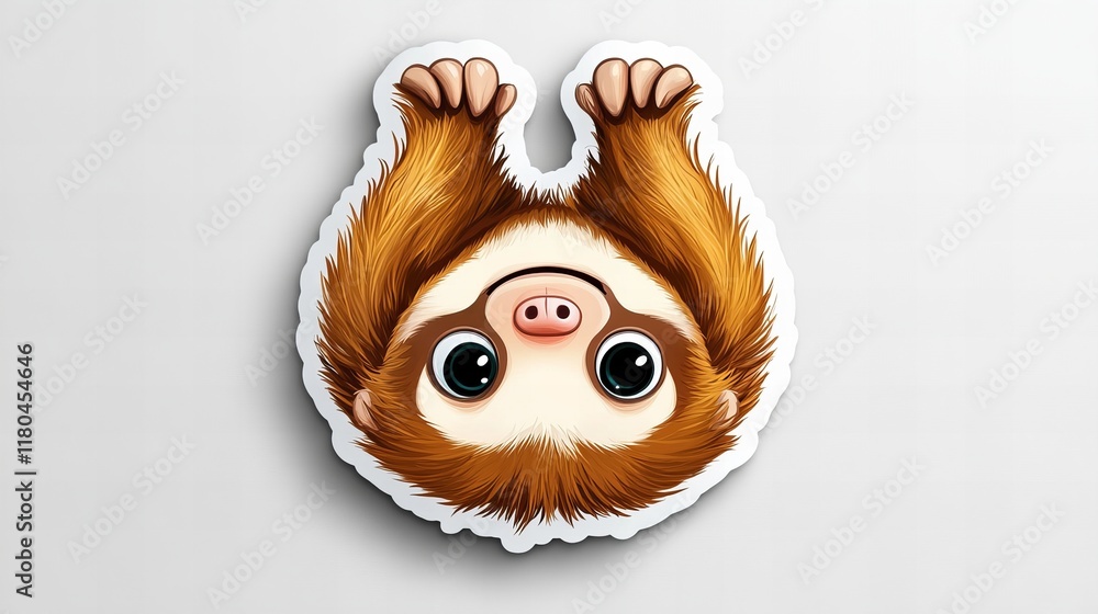 Obraz premium Adorable sloth hanging upside down, showcasing its fluffy brown fur and big, expressive eyes. A playful and cute illustration.