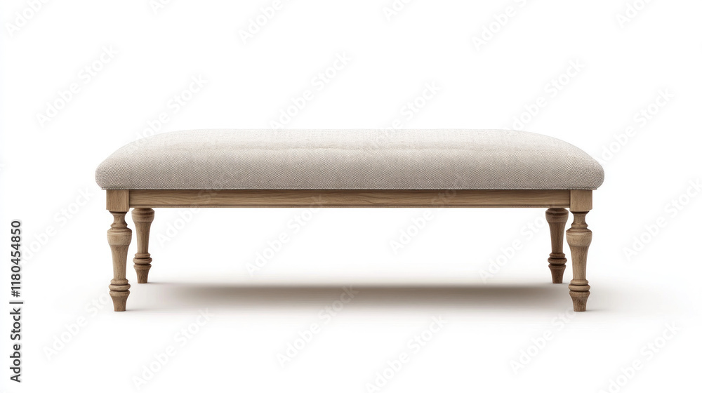 Upholstered bench with light beige fabric and turned wooden legs, isolated on white background. Upholstered bench with light beige fabric and turned wooden legs, isolated on white background.