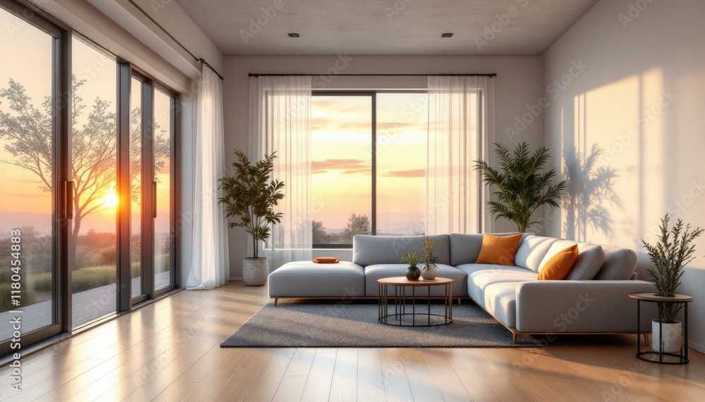 Modern japandi living room with large windows, a gray sectional sofa, and a coffee table. Modern japandi living room with large windows, a gray sectional sofa, and a coffee table.