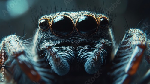 Extreme close-up of a hairy jumping spider's face, showcasing its large eyes and intricate details. photo