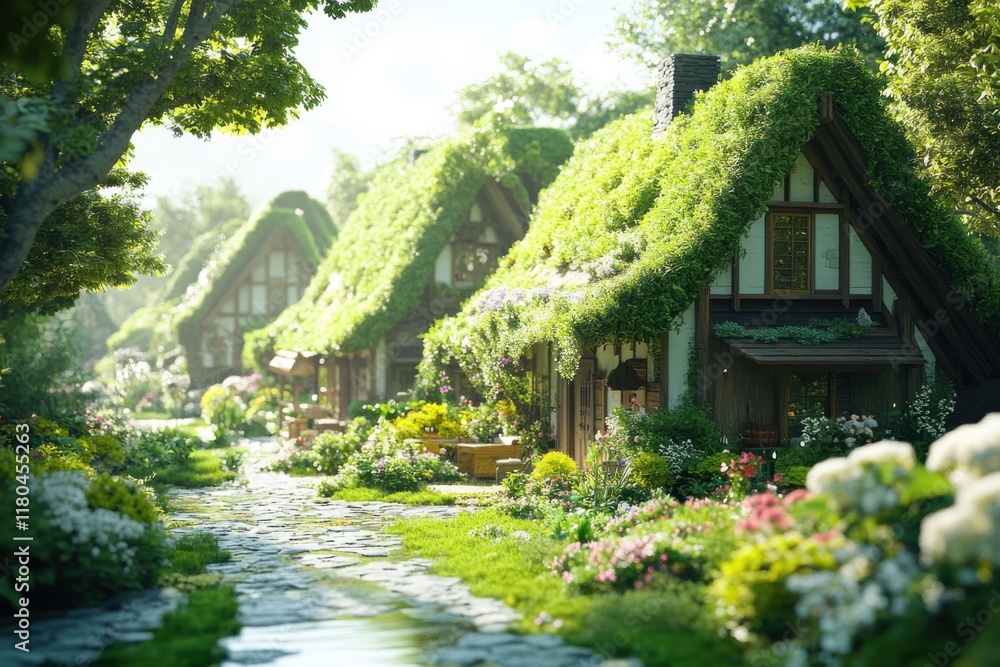 Eco village flourishing with renewable resources and vibrant gardens under a sunny sky Eco village flourishing with renewable resources and vibrant gardens under a sunny sky
