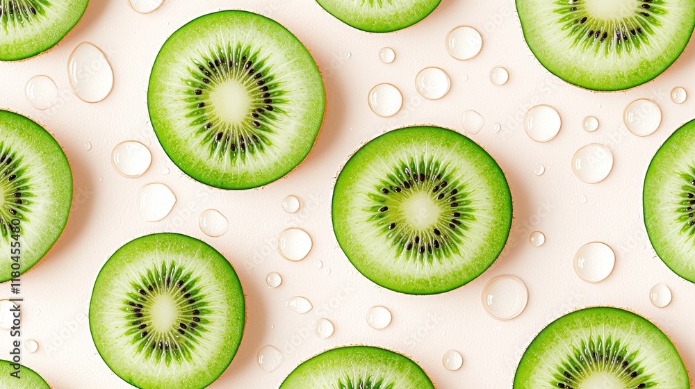 Fototapeta premium Overlapping kiwi slices in watercolor effect, blending vibrant green and yellow tones on a soft beige background, artistic and calming