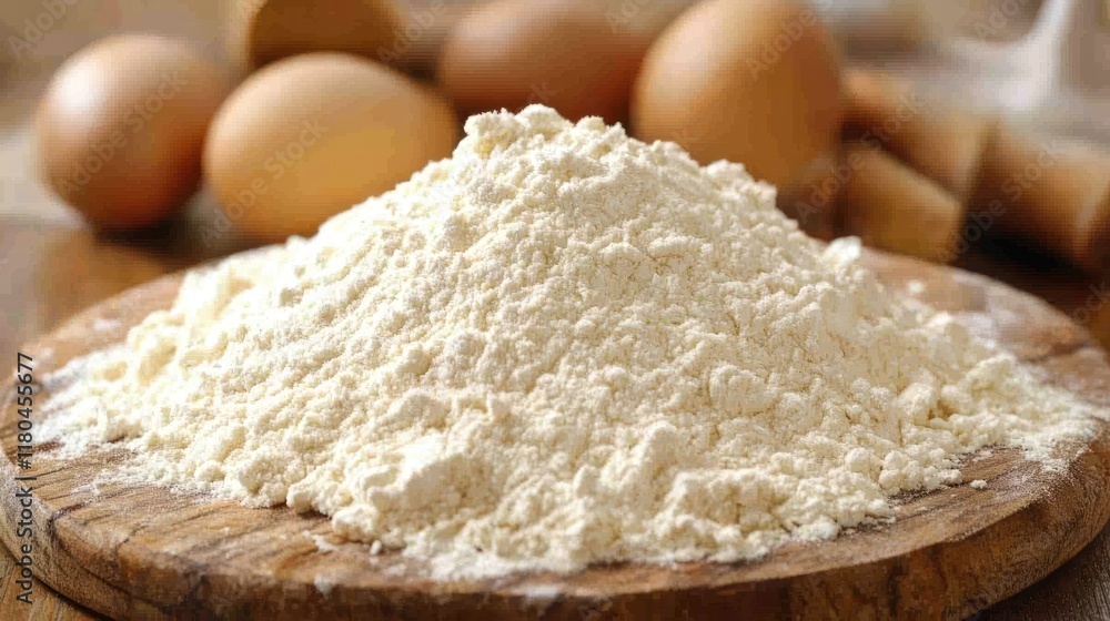 Heap of white flour on wooden board with eggs in background. Heap of white flour on wooden board with eggs in background.