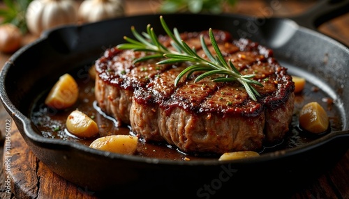 Seared steak in a skillet with rosemary and garlic, rustic elegance