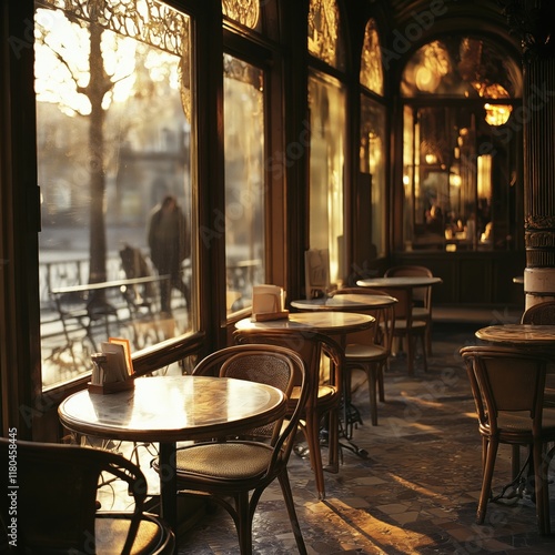 French-style café in the early morning with cozy ambiance and freshly brewed coffee ready for customers