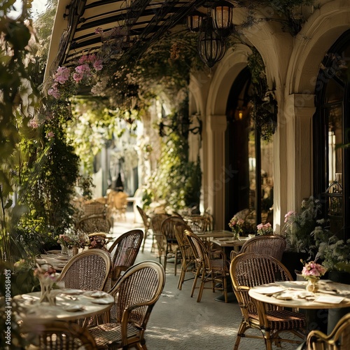 French-style café in the early morning with cozy ambiance and freshly brewed coffee ready for customers photo