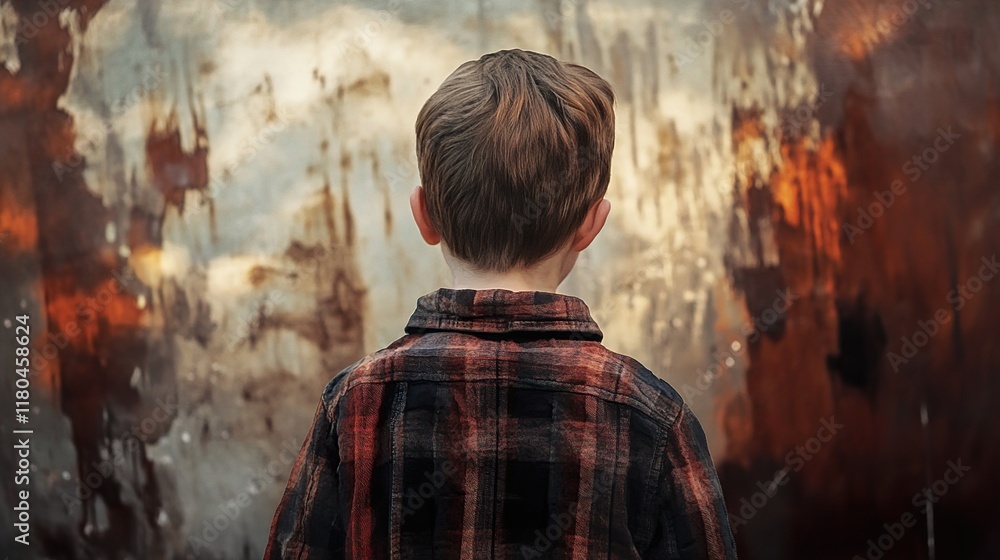 Obraz premium A Boy's Back: Pensive Portrait Against Rusty Wall