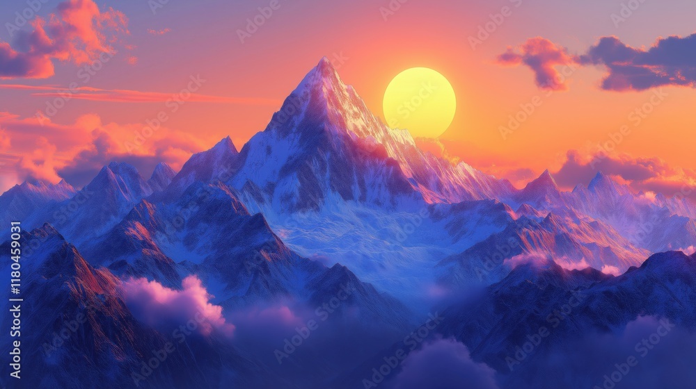 Obraz premium Snow-covered mountain peak at sunrise, breathtaking view with golden light illuminating the landscape