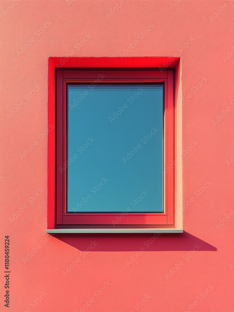 Red wall with a blue-tinted window reflecting the sky.