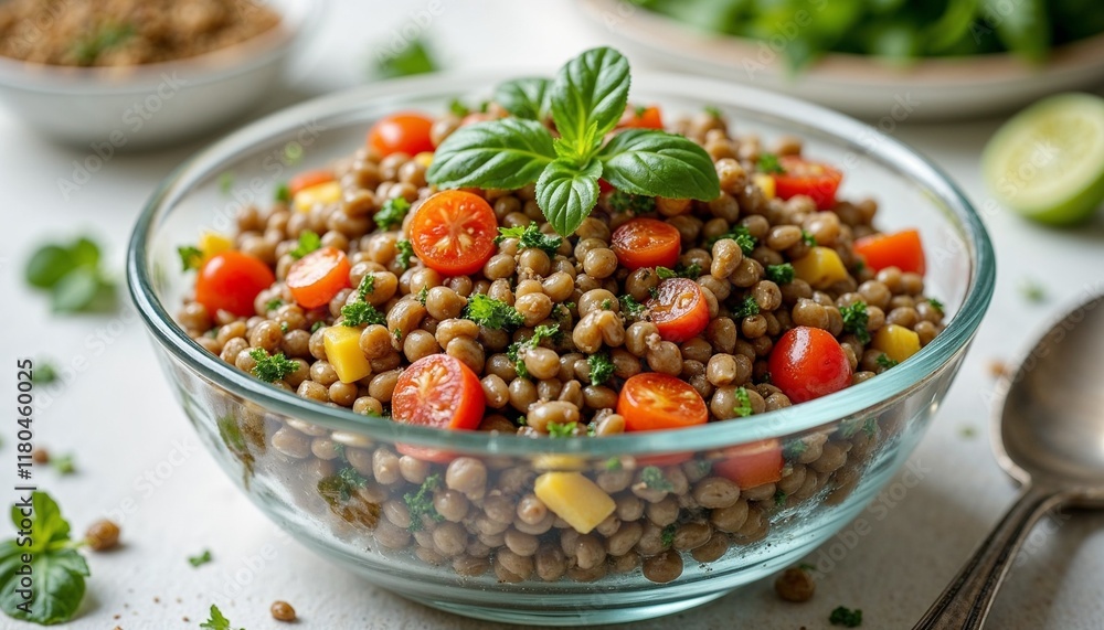 Fresh lentil salad with colorful vegetables, crisp composition Fresh lentil salad with colorful vegetables, crisp composition